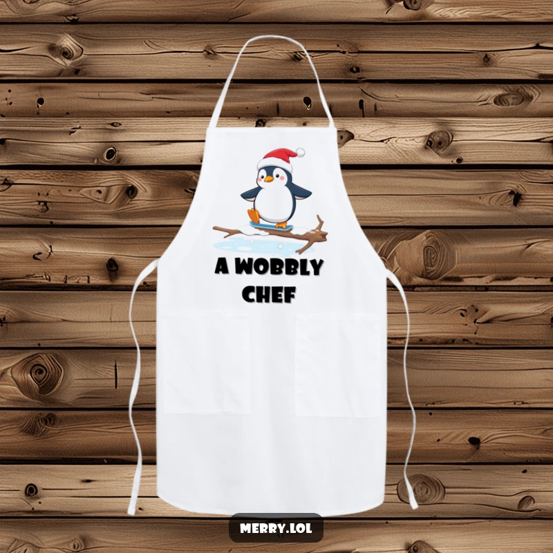 Funny apron showcasing a penguin in a Santa hat awkwardly ice skating on a slippery branch, ideal for a humorous cooking experience.