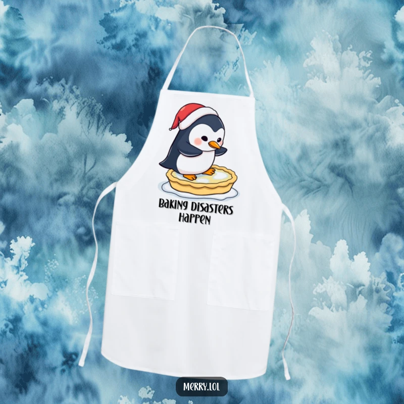 Funny apron design with a penguin in a Santa hat hilariously attempting to ice skate on a frozen pie.