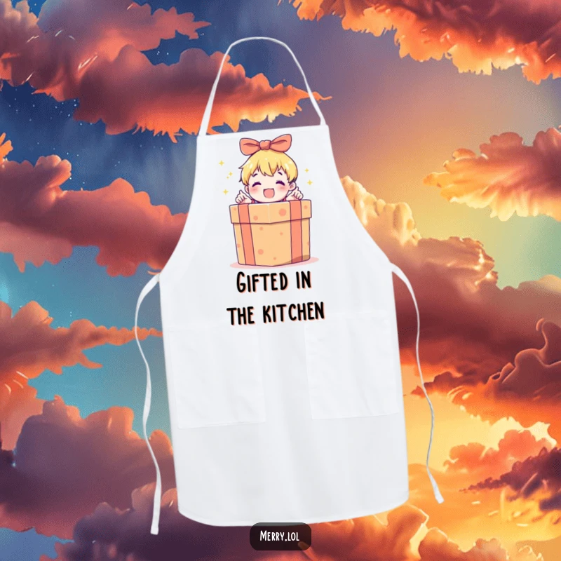 Funny apron depicting a child character excitedly opening a large, brightly wrapped gift box, perfect for a festive kitchen.