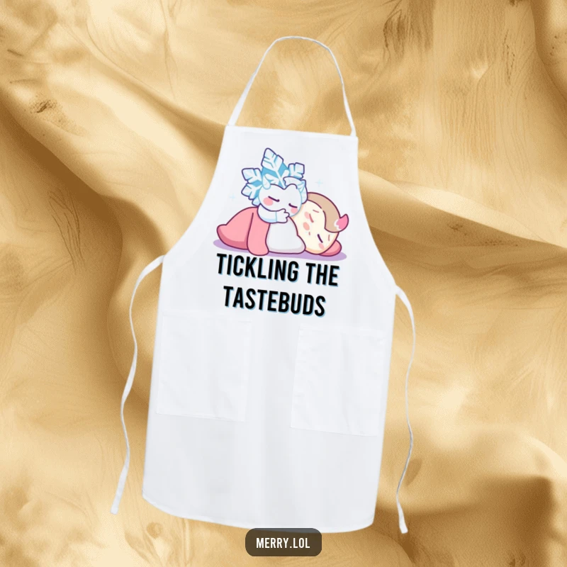 Funny Snowflake Tickle Apron: A mischievous snowflake tickling a sleeping character. Adds humor and charm to kitchen activities. Gift idea.