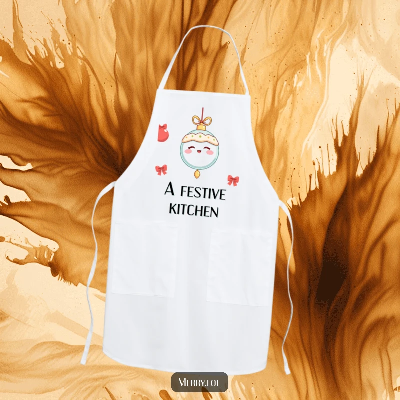 Funny festive ornament winking and dangling merrily, depicted on a kitchen apron for holiday cooking fun.