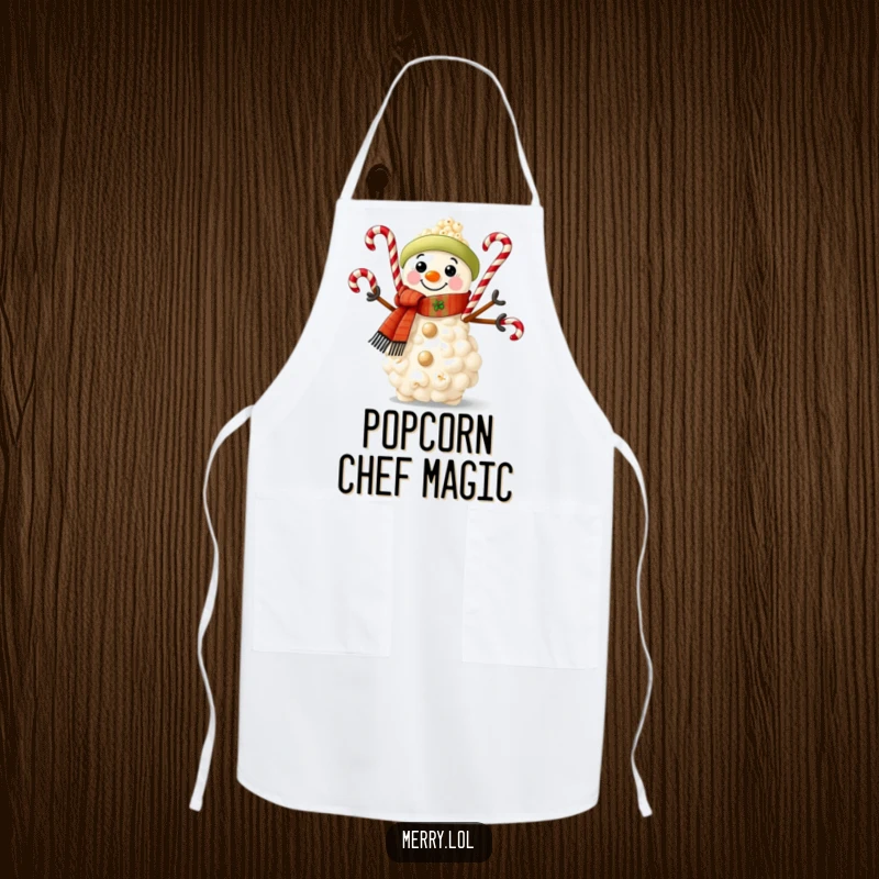 Funny apron depicting a popcorn snowman in a festive scarf, juggling candy canes while looking cheerful and ready to bake.