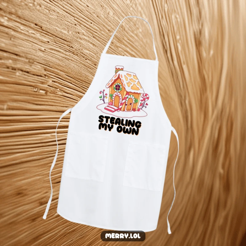 Funny apron depicting a gingerbread house character sneaking a bite out of its candy cane chimney, perfect for humorous baking.