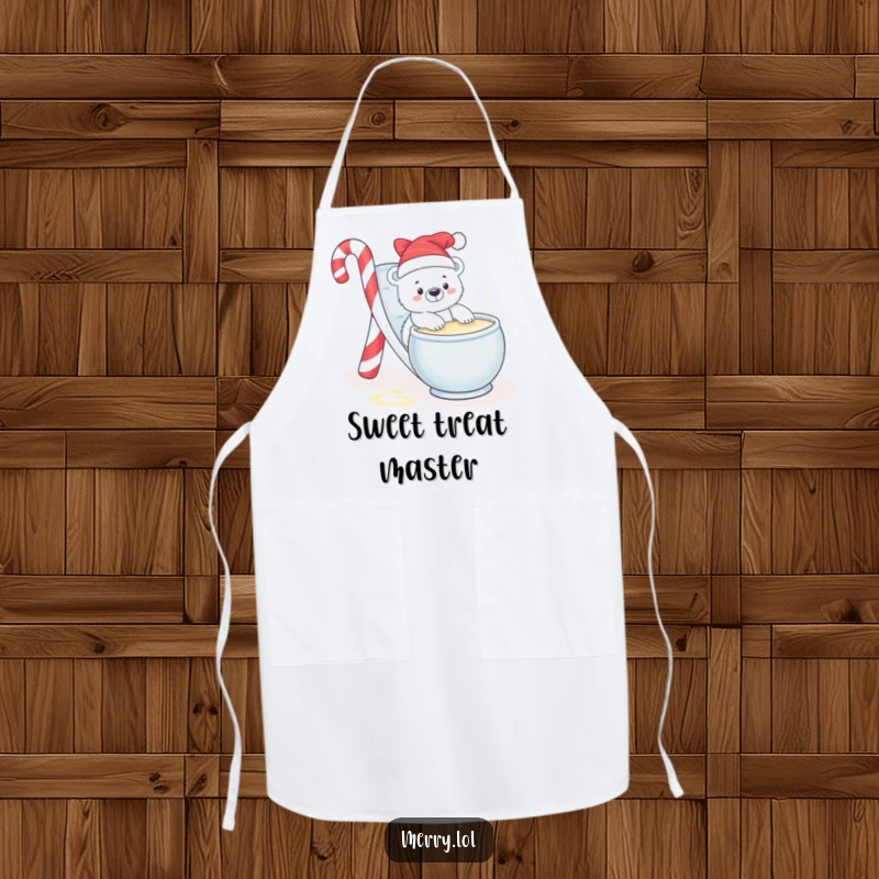 Funny apron depicting a baby polar bear sliding down a candy cane slide into eggnog, ready for festive kitchen fun.