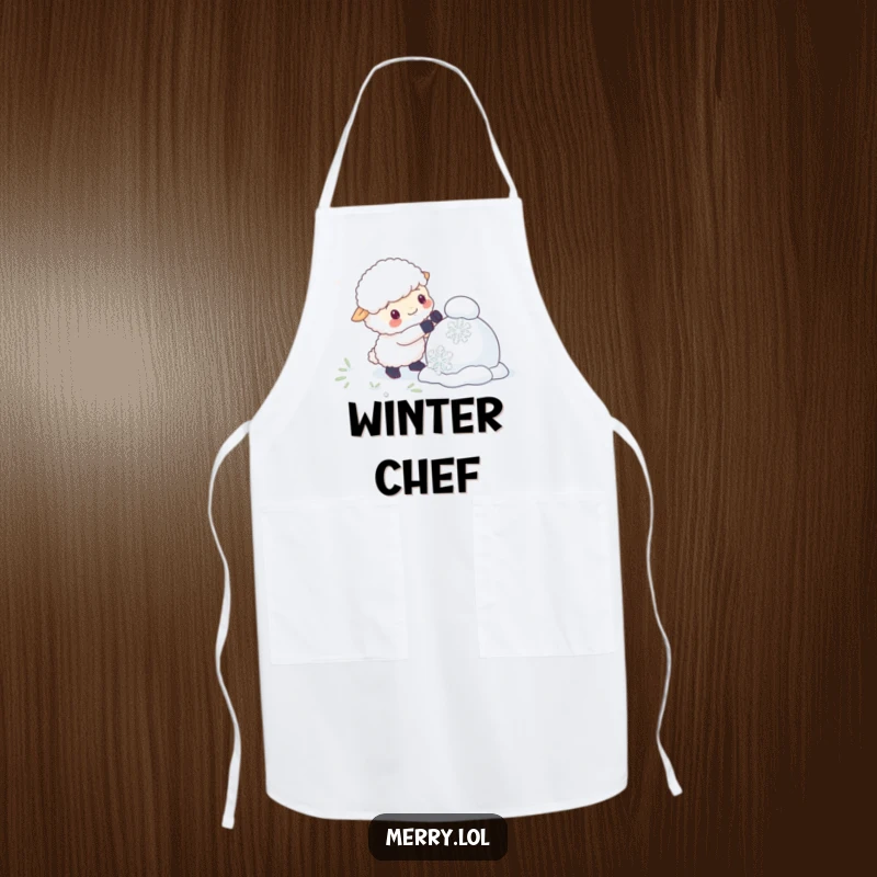Funny apron depicting a fluffy sheep character using giant snowflakes to build a snowman, great for humorous crafting or baking.