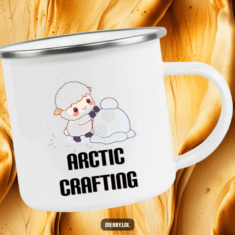 Funny camping mug showing a fluffy sheep character building a snowman with giant snowflakes, perfect for humorous outdoor sipping.