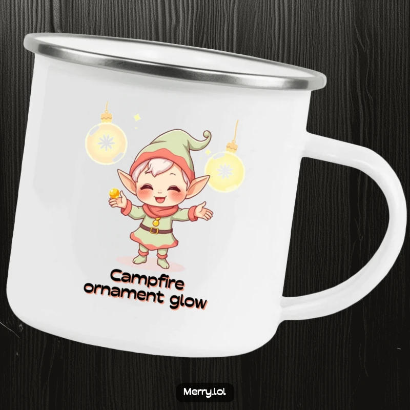 Funny Elf Camping Mug with a giggling character juggling glowing ornaments, built for durability and enjoyment during outdoor holiday activities. Great for camping.