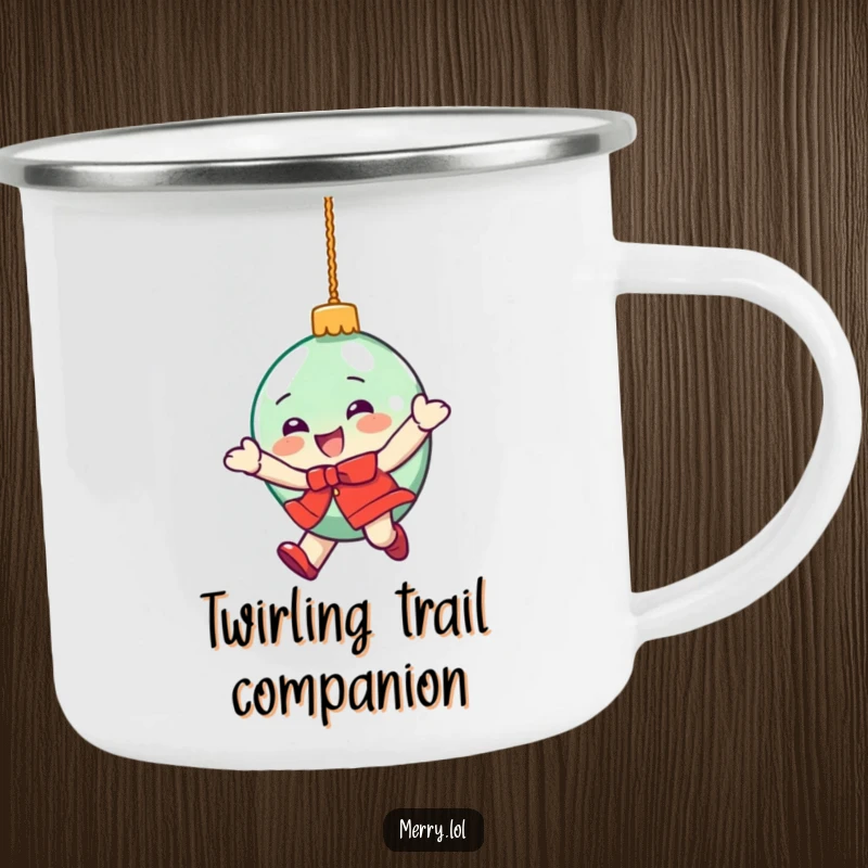 Funny camping mug featuring a delighted Christmas ornament in a dizzying spin, for outdoor holiday cheer.
