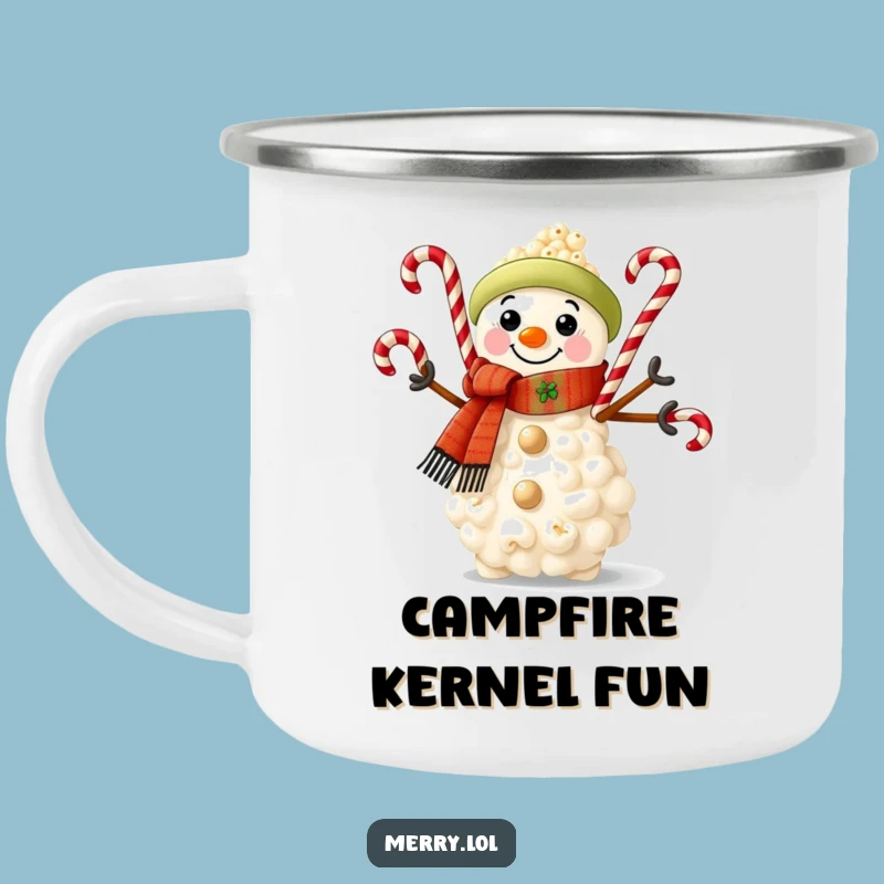 Funny Popcorn Snowman Camping Mug: Whimsical Campfire Companion and Gift