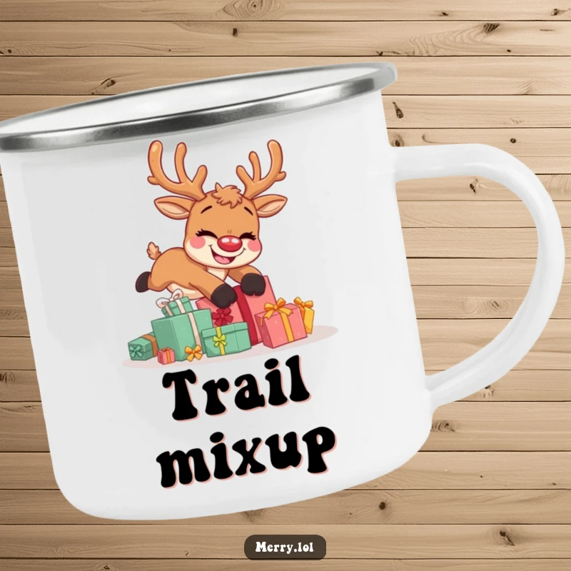 Funny camping mug featuring a cute reindeer character hilariously tripping over a pile of presents, grinning goofily outdoors.