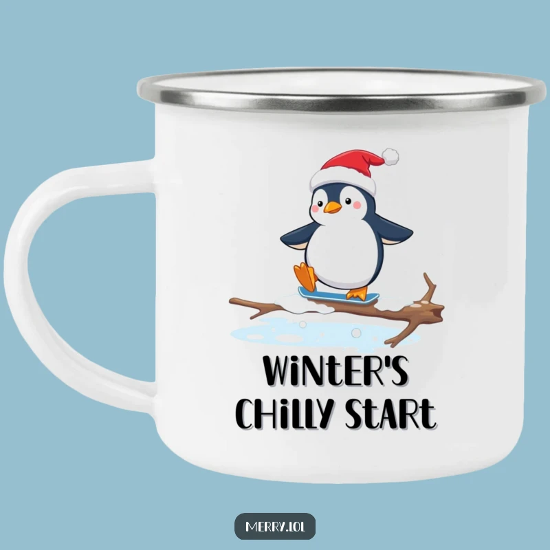 Funny Penguin Santa Hat Camping Mug: Hilarious Awkward Ice Skating Outdoor Cup