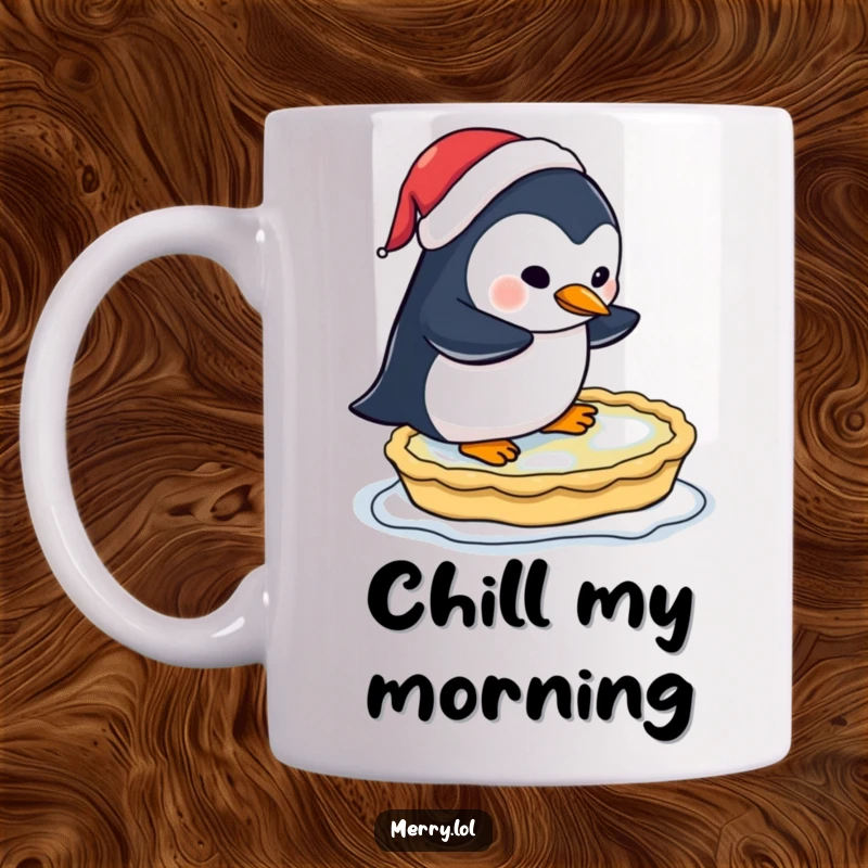 Funny mug depicting a penguin wearing a tiny Santa hat, comically attempting to ice skate on a frozen pie.