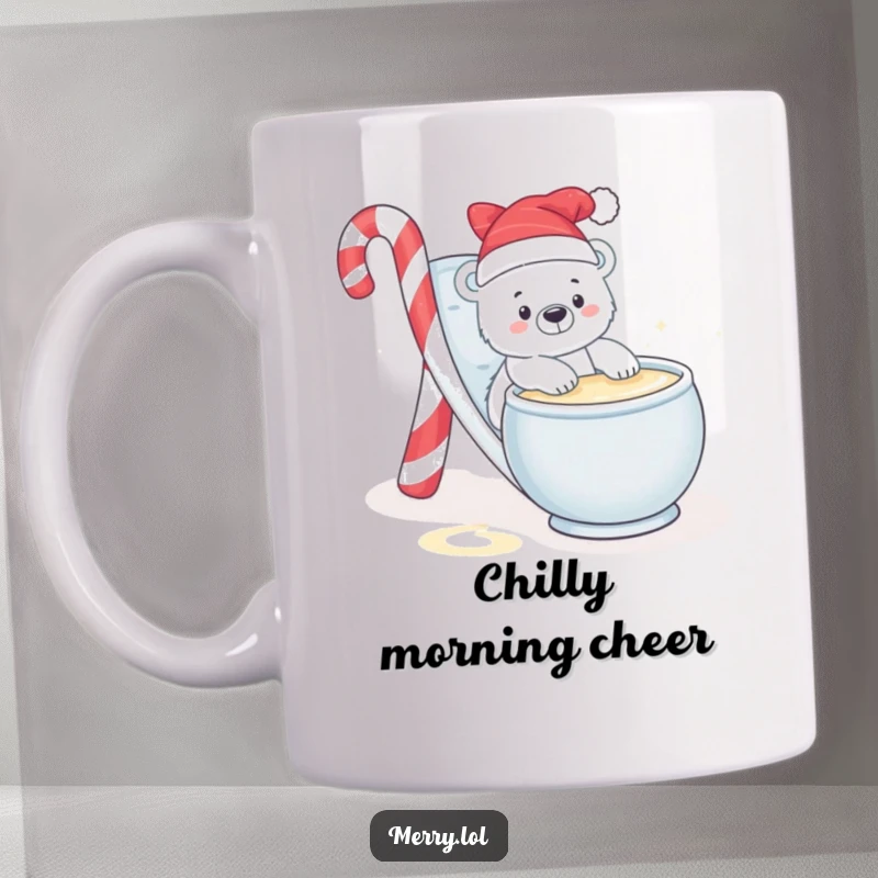 Funny mug featuring a baby polar bear character joyfully sliding down a candy cane slide into a bowl of creamy eggnog.