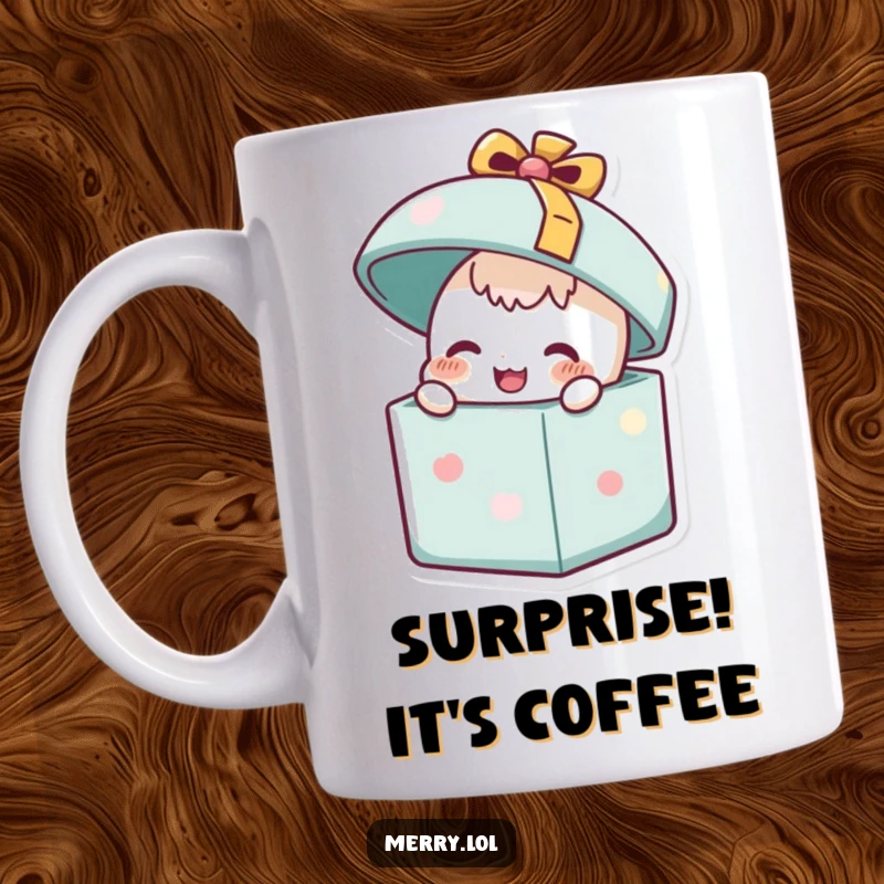 Funny Happy Present Mug: A cheerful present character joyfully popping its lid open. Celebrate with this humorous gift.