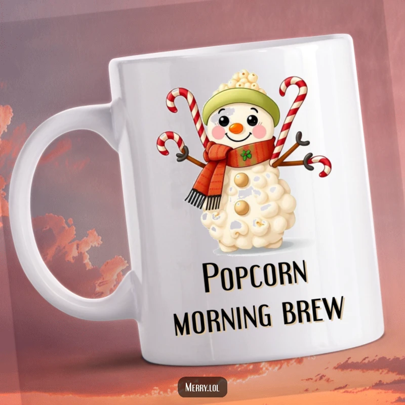Funny mug with a snowman made of popcorn, wearing a festive scarf and skillfully juggling candy canes with a happy expression.