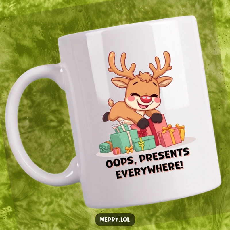 Funny mug featuring a cute reindeer character hilariously tripping over a pile of Christmas presents with a wide, goofy grin.
