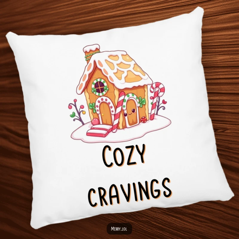 Funny pillow featuring a gingerbread house character indulging in its own candy cane chimney, bringing comfort and humor.