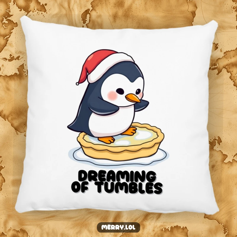 Funny decorative pillow showing a penguin wearing a Santa hat, comically attempting to ice skate on a frozen pie.