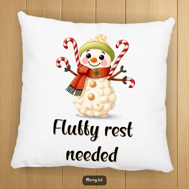 Funny plush pillow featuring a cute popcorn snowman dressed in a scarf and juggling candy canes, perfect for festive decor.