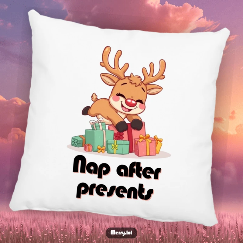 Funny pillow depicting a cute reindeer character tripping over a heap of gifts, maintaining a hilarious goofy grin.