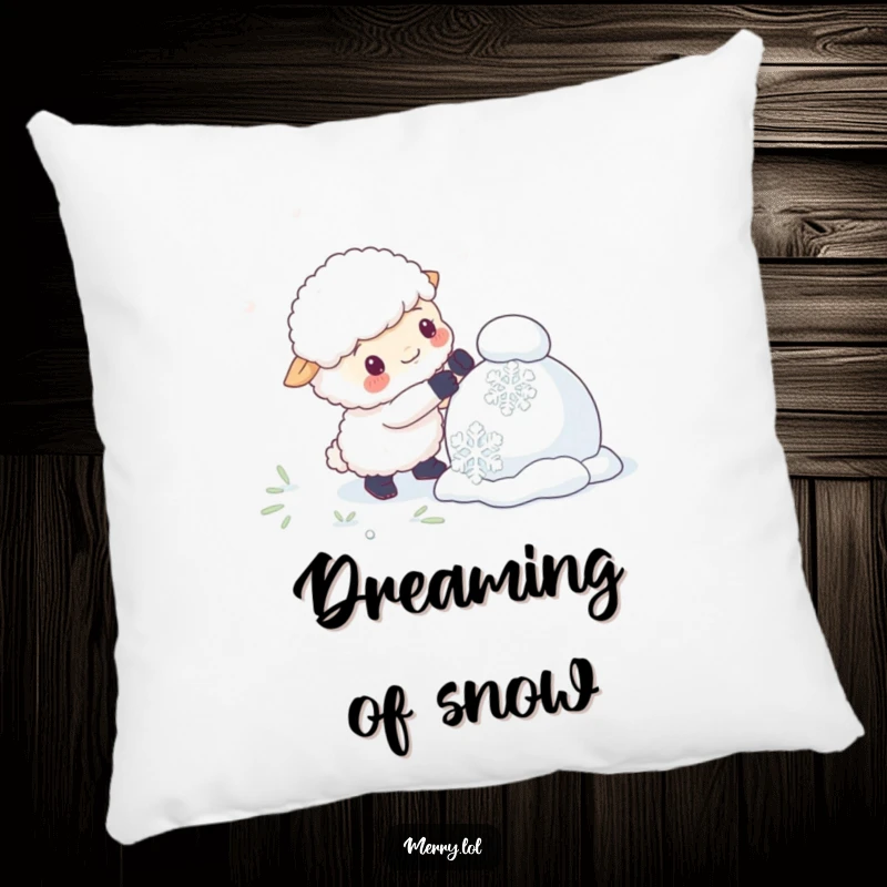 Funny pillow featuring a fluffy sheep character using giant snowflakes to build a snowman, offering comfort and winter-themed humor.