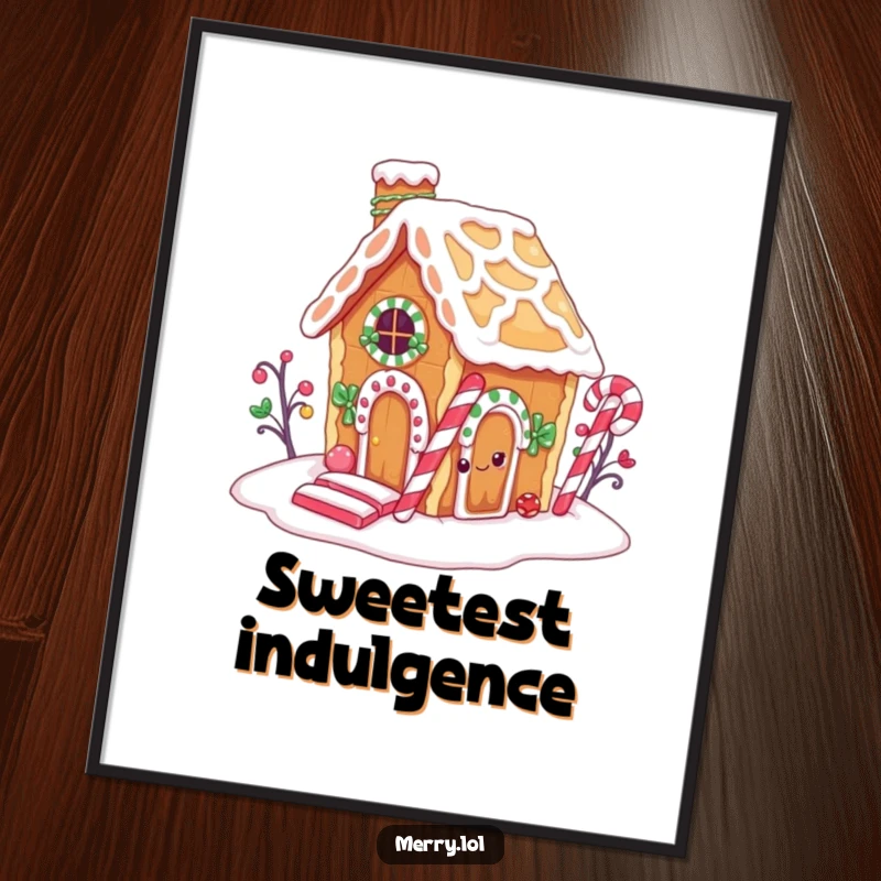 Funny digital art print of a gingerbread house character sneaking a bite from its candy cane chimney, charming and humorous.