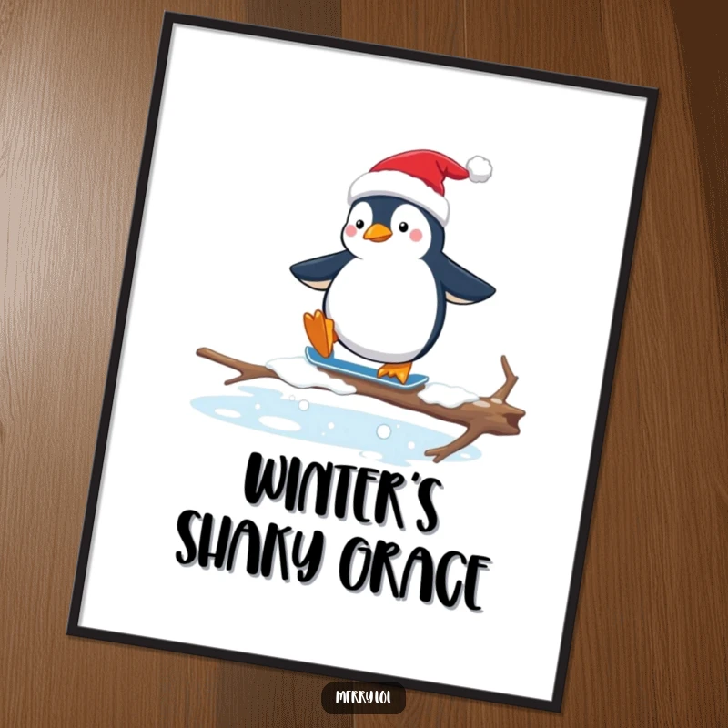 Funny digital art print of a penguin in a Santa hat awkwardly ice skating on a slippery branch, vibrant and humorous.