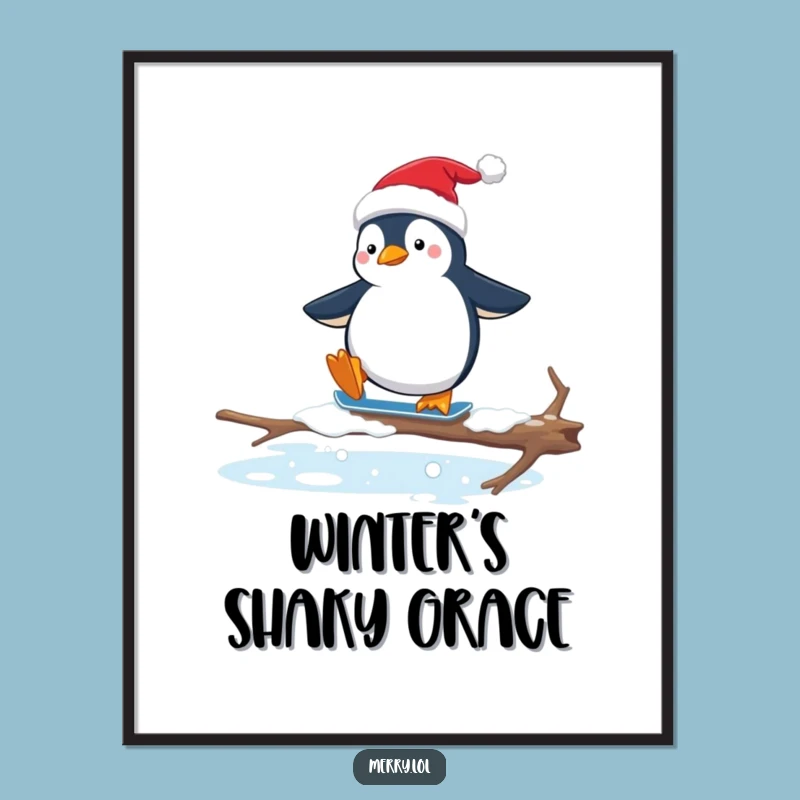 Funny Penguin Santa Hat Digital Print: Hilarious Awkward Ice Skating Wall Art