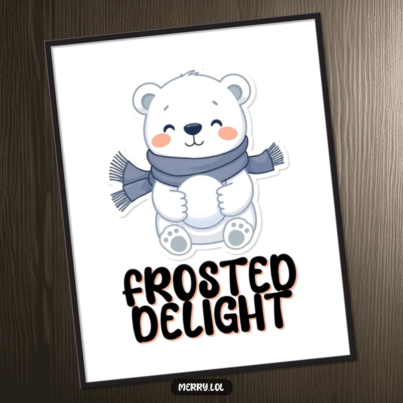 Funny polar bear digital art print of a happy character in a scarf holding a snowball, perfect for instant, winter-themed wall decor.