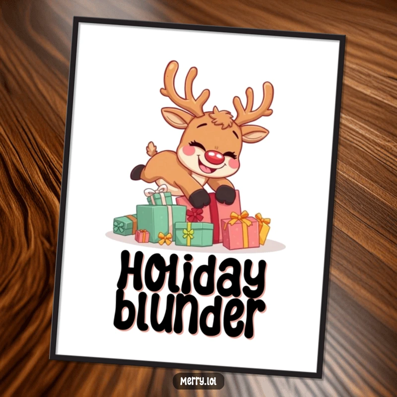 Funny digital art of a cute reindeer character humorously tripping over a pile of Christmas presents, sporting a wide, goofy grin.