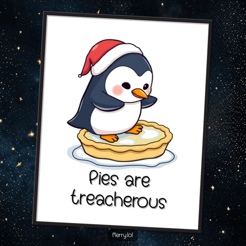 Funny digital art of a penguin wearing a Santa hat, comically trying to ice skate on a frozen pie, for instant download.