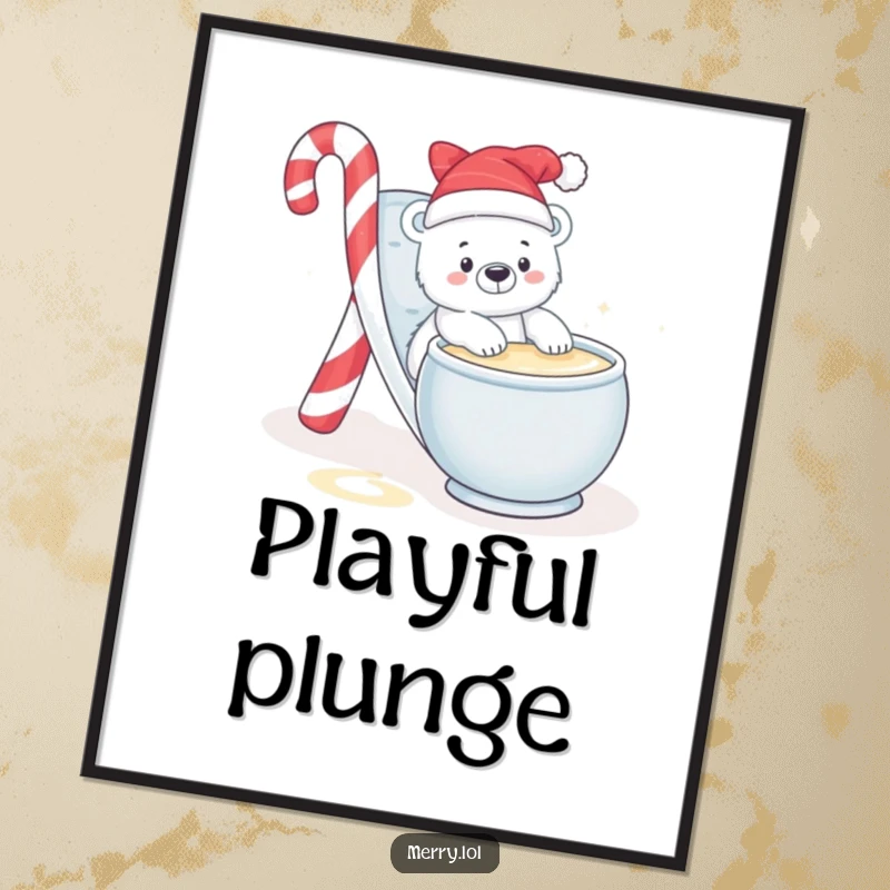 Funny digital art print of a baby polar bear character sliding into eggnog, capturing playful winter fun and joy.