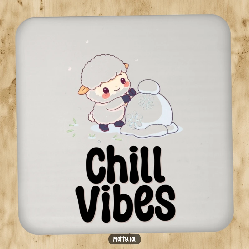 Funny drink coaster with a fluffy sheep character building a snowman with giant snowflakes, adding winter humor to surfaces.