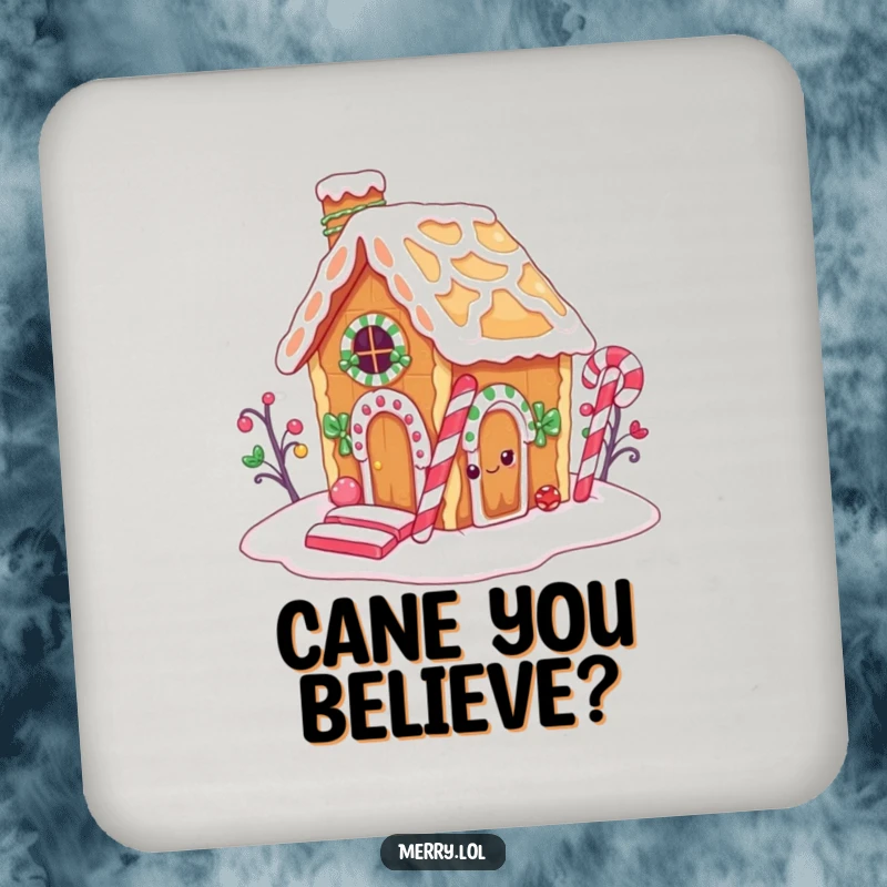 Funny drink coaster with a gingerbread house character nibbling its candy cane chimney, adding a sweet and humorous touch.