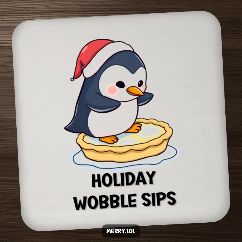 Funny drink coaster showing a penguin wearing a Santa hat, comically attempting to ice skate on a frozen pie.