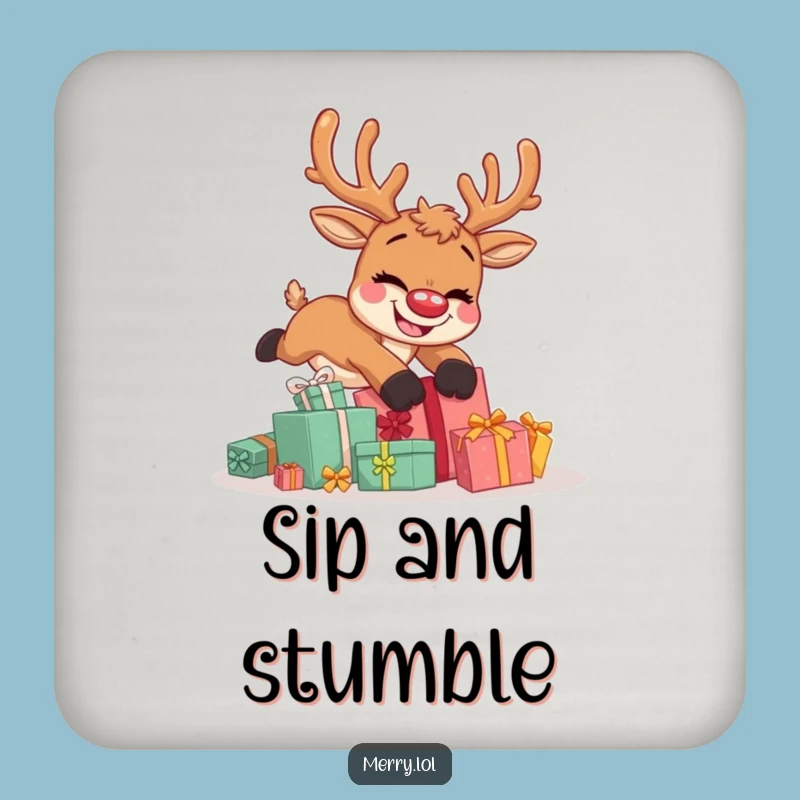 Funny Reindeer Tripping Drink Coaster: Protect Surfaces with Holiday Humor