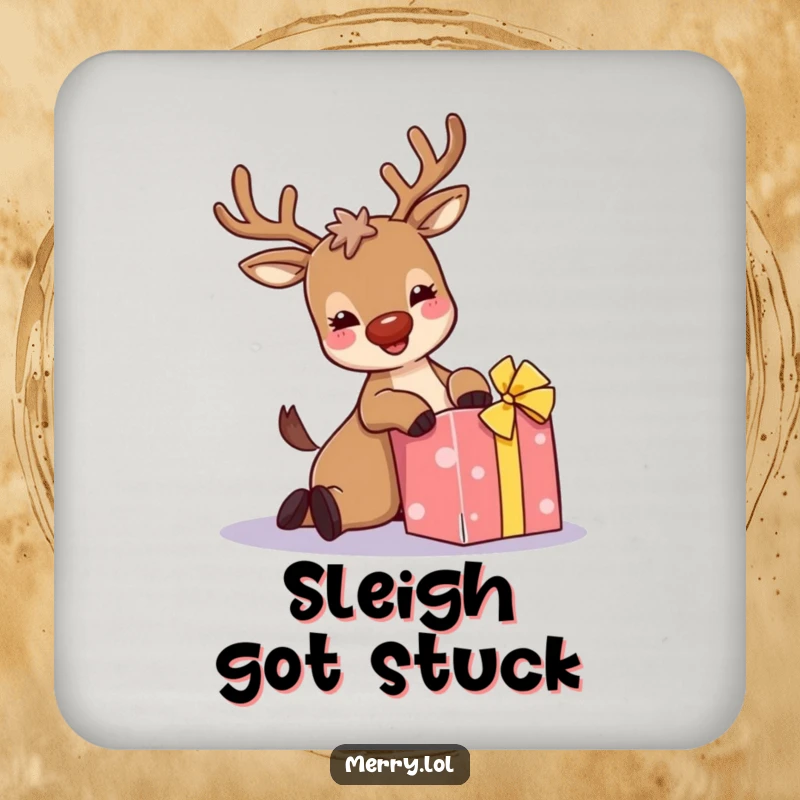 Funny coasters: A giggling reindeer with sparkly antlers trips over a present, adding a humorous touch to drink protection.