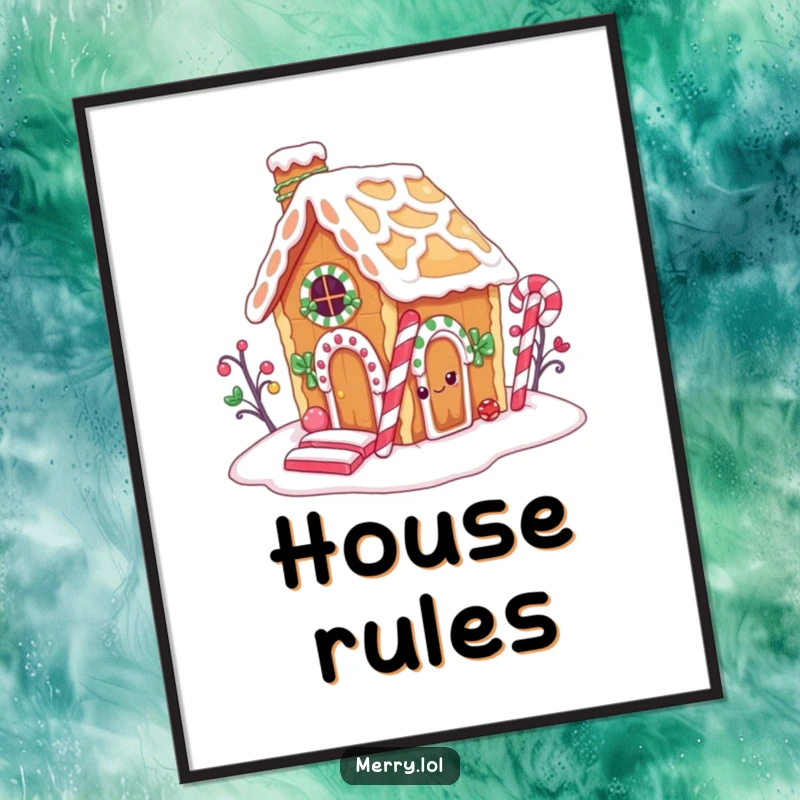 Funny poster showing a cute gingerbread house character taking a bite from its candy cane chimney, sweet and humorous wall art.