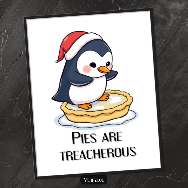 Funny poster art of a penguin wearing a Santa hat, awkwardly trying to ice skate on a frozen pie, bringing holiday mirth.