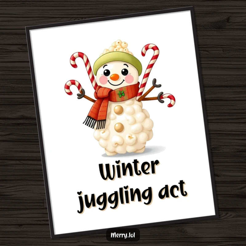 Funny poster art of a popcorn snowman in a cozy scarf, juggling candy canes with a joyful, festive expression.