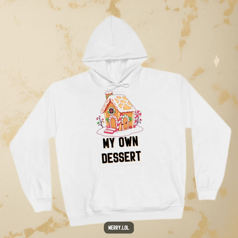 Funny hoodie featuring a gingerbread house character secretly nibbling on its candy cane chimney, a delightful and humorous design.