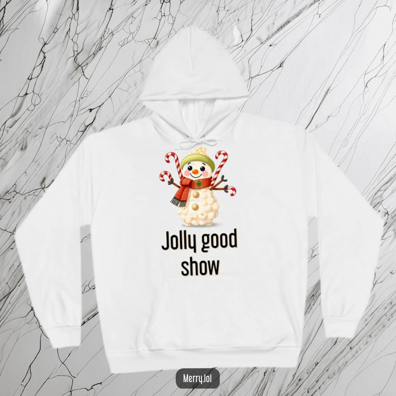 Funny hoodie featuring a popcorn snowman with a festive scarf, energetically juggling candy canes, radiating holiday joy.