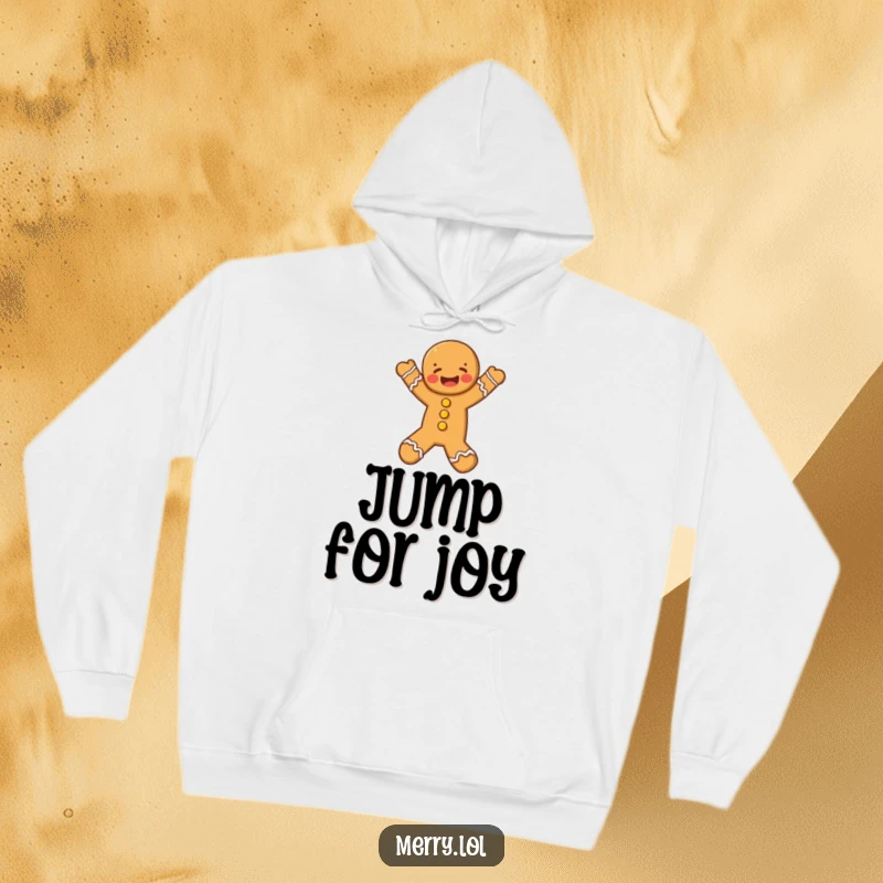 Funny Gingerbread Man Hoodie, a joyful character doing a happy leap, perfect for cozy holiday celebrations.