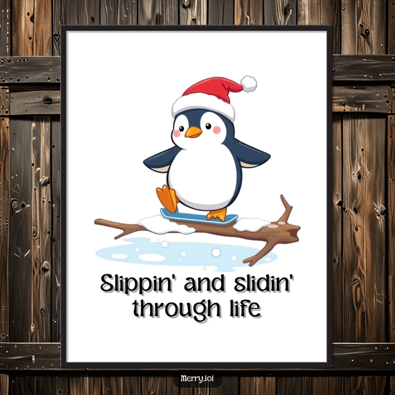 Funny Free Printable Wall Art: Penguin in Santa hat wobbling on an icy branch, captured in a humorous moment.