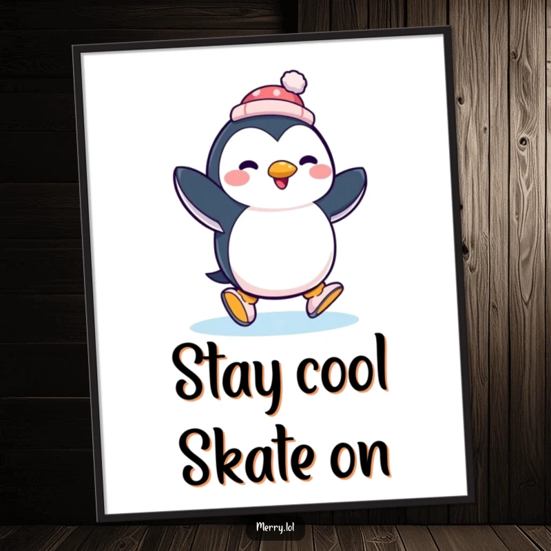 Funny Free Printable Wall Art: A penguin in a tiny hat skates with glee, icy background, joyful.