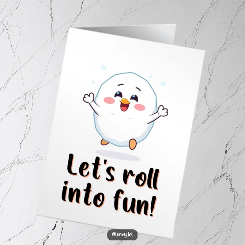 Funny Free Printable Birthday Card: A cheerful snowball character joyfully bouncing with pure glee and energy.