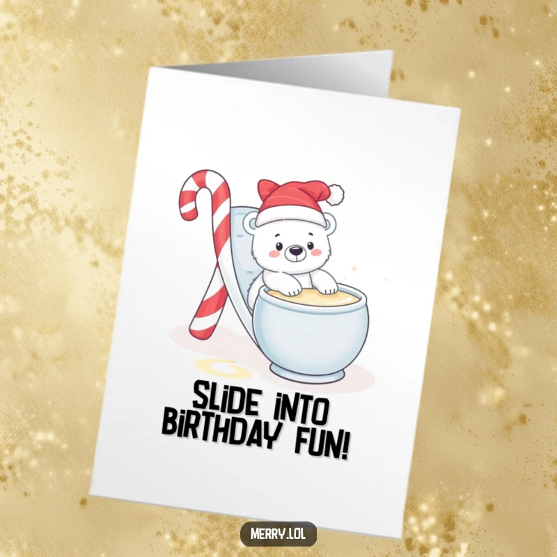 Free Printable Birthday Card: Baby polar bear sliding candy cane slide into eggnog bowl, playful, cute, downloadable.