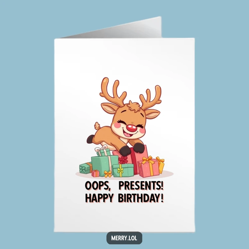 Free Printable Birthday Card: Funny Reindeer Tripping, Goofy Grin Downloadable Gift!