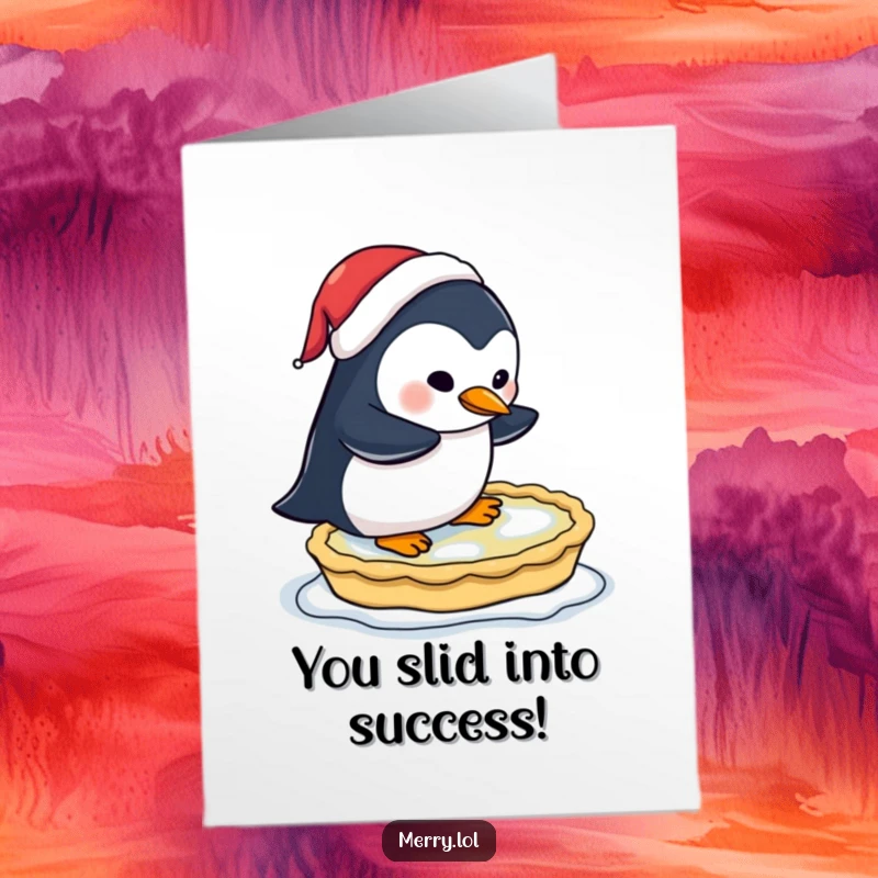 Free Printable Congratulations Card: A penguin in a Santa hat attempts to ice skate on a frozen pie, cheering success.