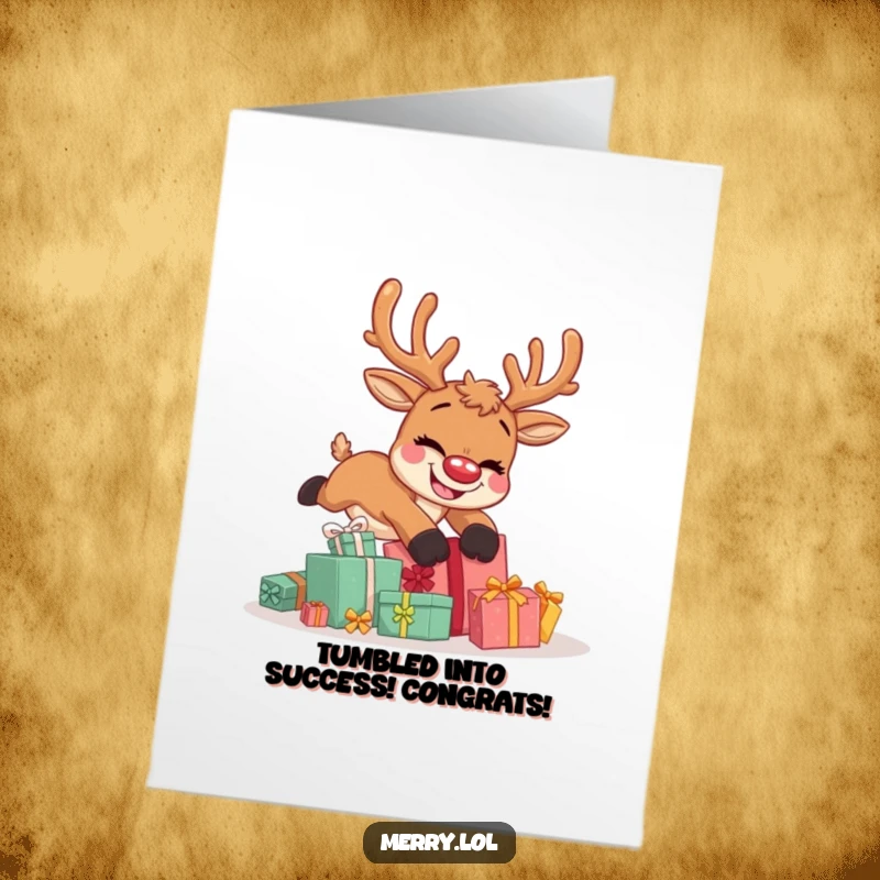 Funny Free Printable Congratulations Card: Reindeer tripping on gifts, goofy smile, humorous celebration, downloadable.